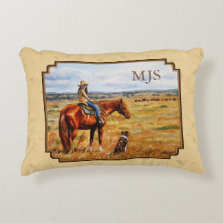 Little Cowgirl on Cattle Horse Yellow Accent Pillow