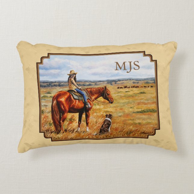Little Cowgirl on Cattle Horse Yellow Accent Pillow (Front)