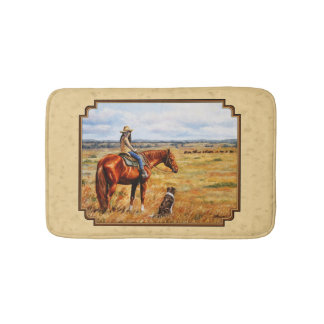 Little Cowgirl on Cattle Horse Yellow Bath Mat
