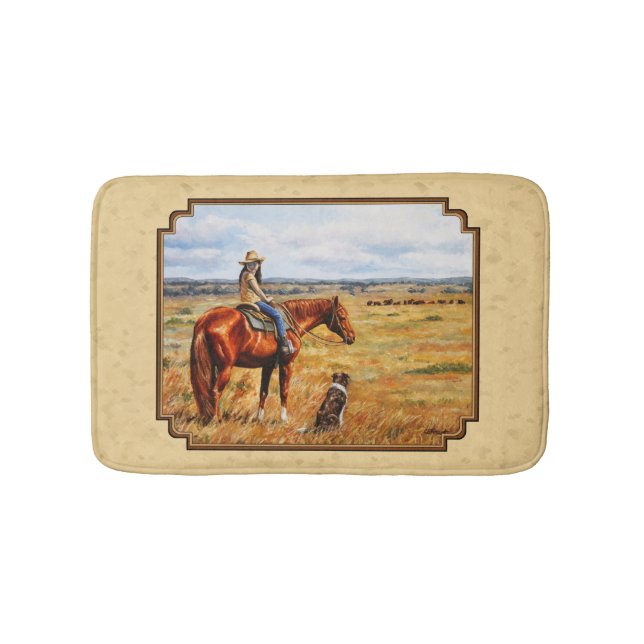 Little Cowgirl on Cattle Horse Yellow Bath Mat (Front)