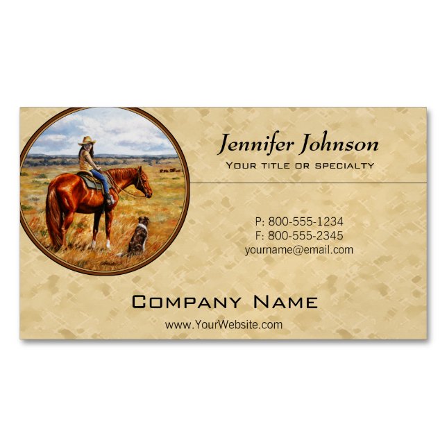 Little Cowgirl on Cattle Horse Yellow Business Card Magnet (Front)
