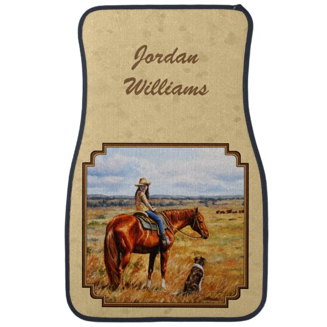 Little Cowgirl on Cattle Horse Yellow Car Mat (Front)