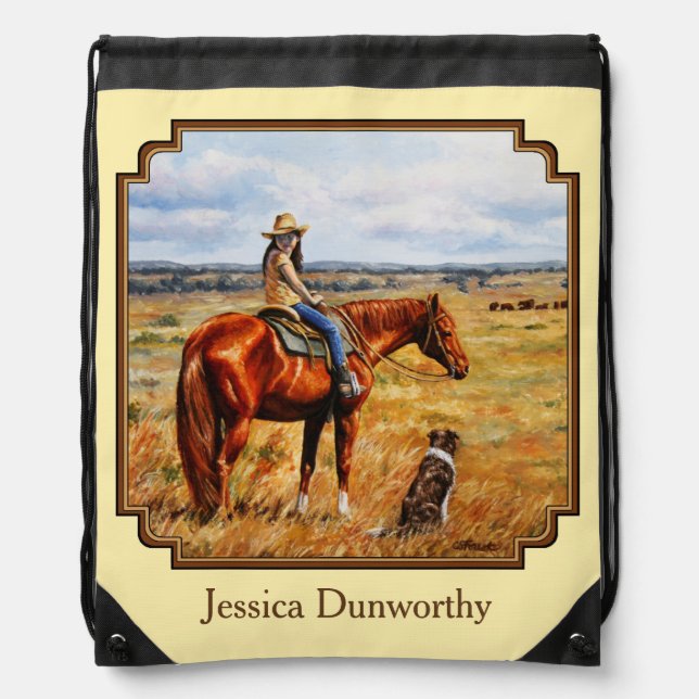Little Cowgirl on Cattle Horse Yellow Drawstring Bag (Front)