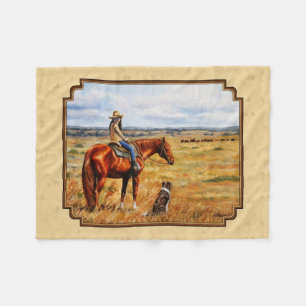 Little Cowgirl on Cattle Horse Yellow Fleece Blanket