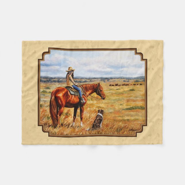 Little Cowgirl on Cattle Horse Yellow Fleece Blanket (Front (Horizontal))