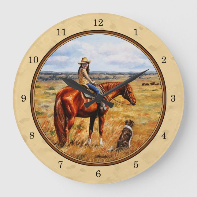 Little Cowgirl on Cattle Horse Yellow Large Clock (Front)