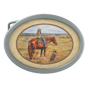 Little Cowgirl on Cattle Horse Yellow Oval Belt Buckle