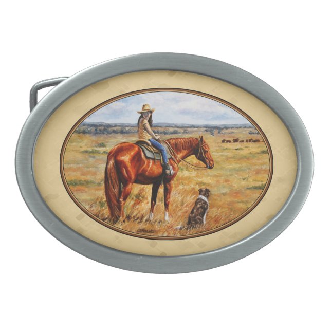 Little Cowgirl on Cattle Horse Yellow Oval Belt Buckle (Front)