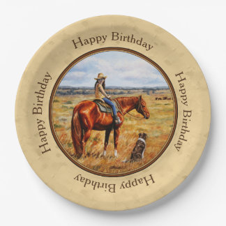 Little Cowgirl on Cattle Horse Yellow Paper Plates