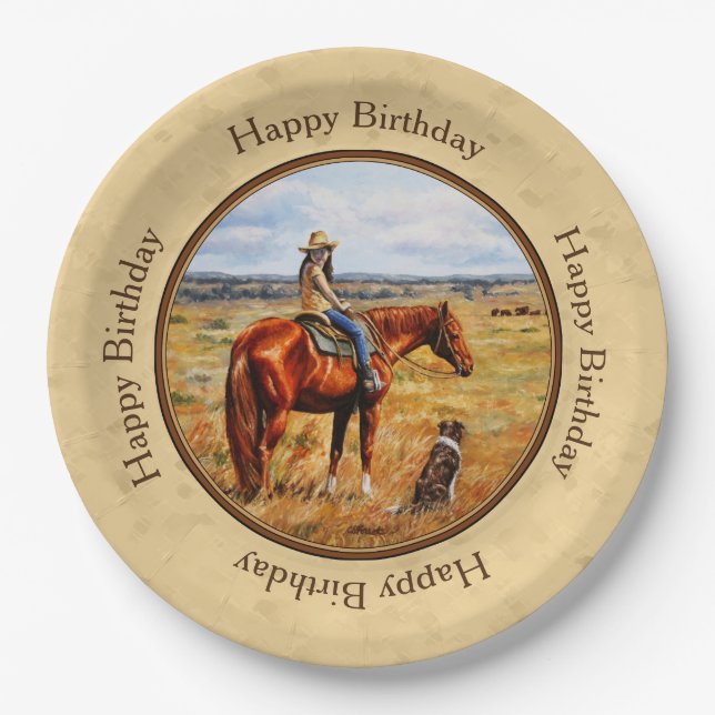 Little Cowgirl on Cattle Horse Yellow Paper Plates (Front)
