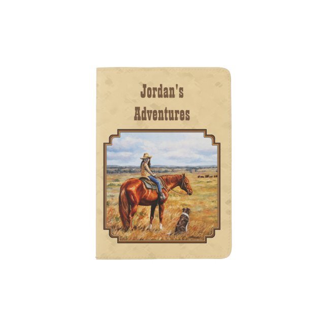 Little Cowgirl on Cattle Horse Yellow Passport Holder (Front)