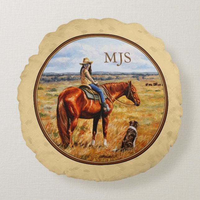 Little Cowgirl on Cattle Horse Yellow Round Pillow (Front)