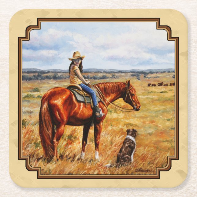 Little Cowgirl on Cattle Horse Yellow Square Paper Coaster (Front)