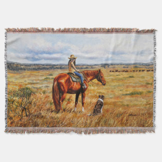 Little Cowgirl on Cattle Horse Yellow Throw Blanket