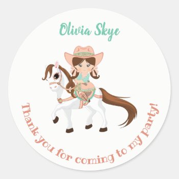 Little Cowgirl On Horse Girls Birthday Classic Round Sticker by nawnibelles at Zazzle