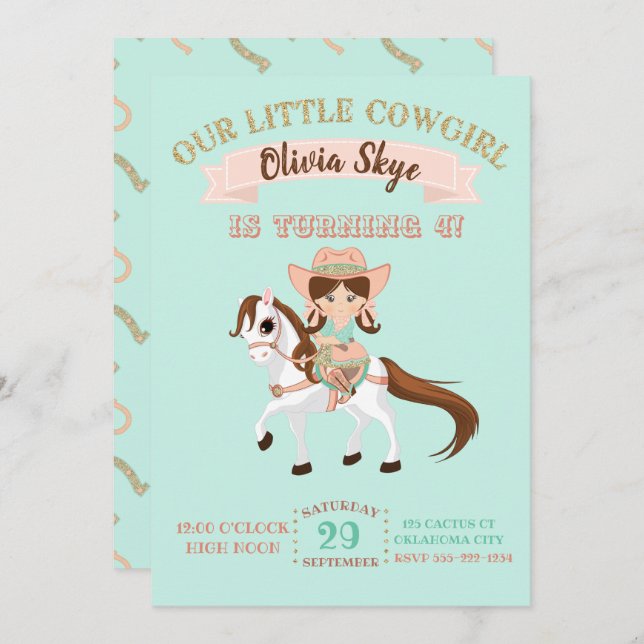 Little Cowgirl on Horse Girls Birthday Invitation (Front/Back)
