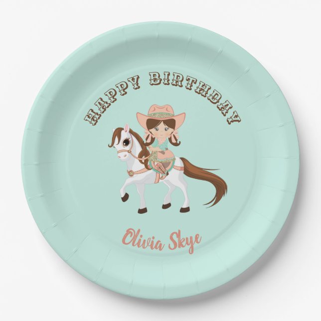 Little Cowgirl on Horse Girls Western Birthday Paper Plates (Front)