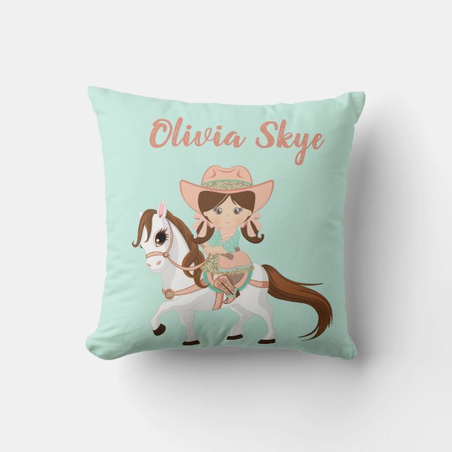 Little Cowgirl on Horse Girls Western Throw Pillow (Front)