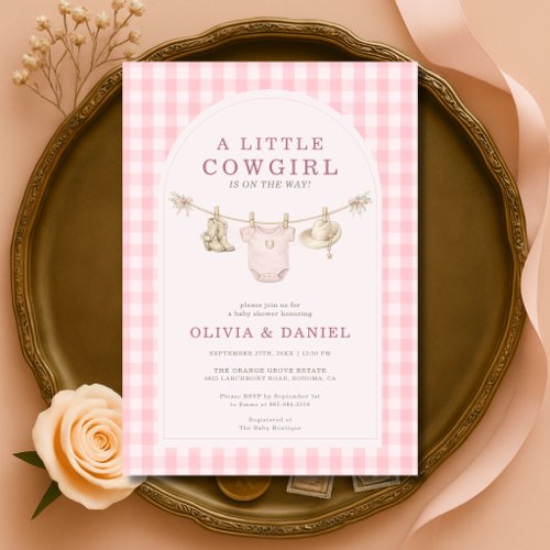 Little Cowgirl Pink Clothesline Plaid Baby Shower Invitation