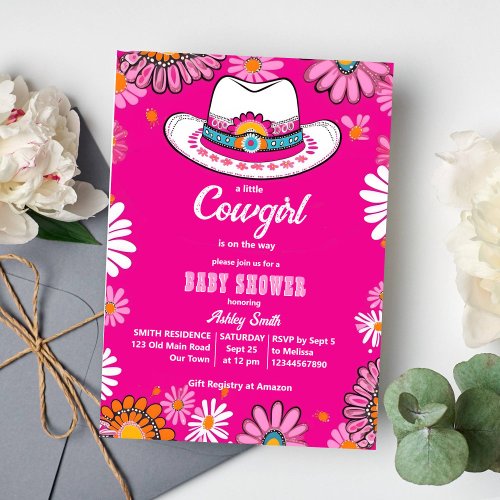 Little cowgirl pink retro daisies baby shower invitation