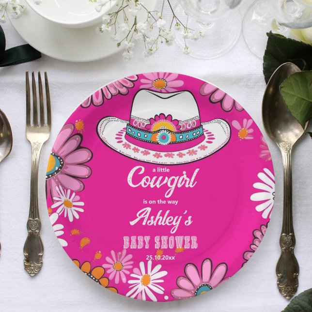 Little cowgirl pink retro daisies hat baby shower paper plates (Little cowgirl  hot pink cowgirl hat and groovy retro daisies baby shower napkins western themed)