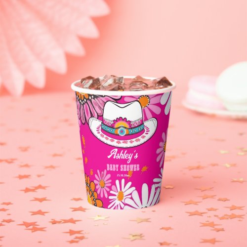 Little cowgirl pink retro hat daisies  baby shower paper cups