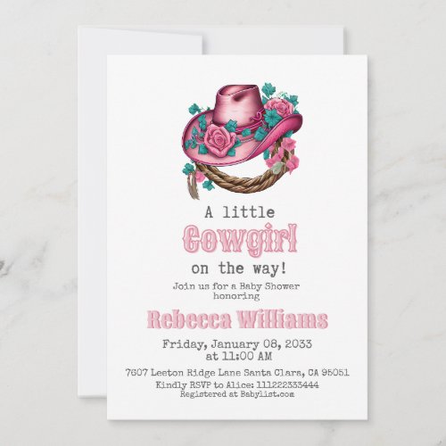 Little Cowgirl Western Pink Hat Floral Baby Shower Invitation