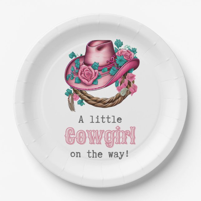 Little Cowgirl Western Pink Hat Floral Baby Shower Paper Plates (Front)