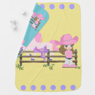 Little Cowgirl With Horse Fence and Saddle Receiving Blanket