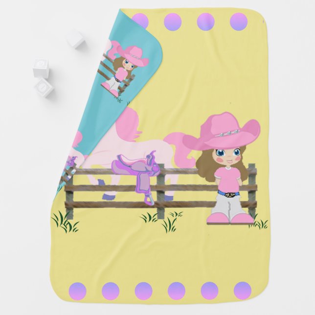 Little Cowgirl With Horse Fence and Saddle Receiving Blanket (In Situ)