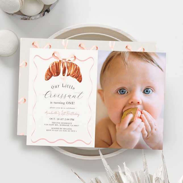 Little Croissant Pink Bow Girl Photo 1st Birthday Invitation (Creator Uploaded)