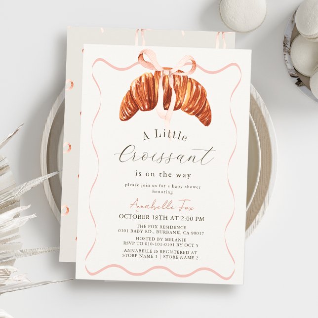 Little Croissant Pink Bow Ribbon Girl Baby Shower Invitation (Creator Uploaded)