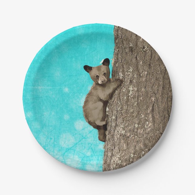 Little Cub Bear Climbing Tree Paper Plates (Front)