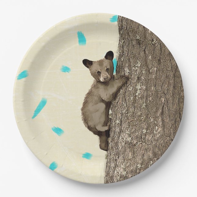 Little Cub Bear Climbing Tree Paper Plates (Front)
