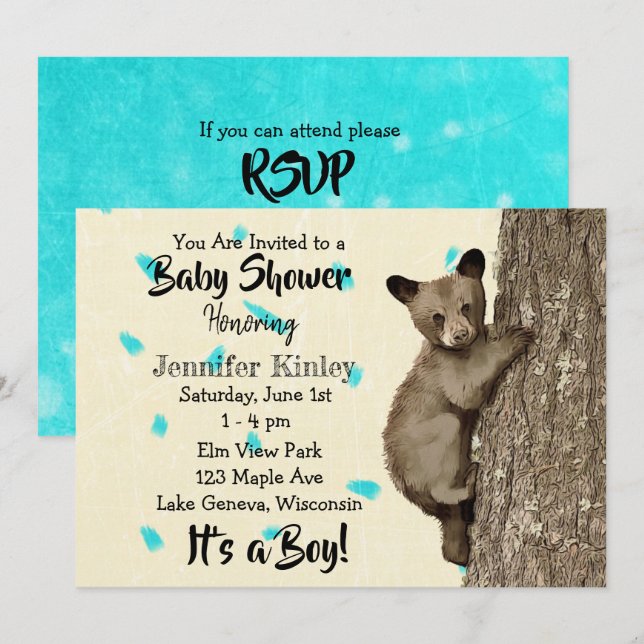 Little Cub Bear Teal and Tan Boy's Baby Shower Invitation (Front/Back)