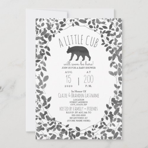 Little Cub Black  White Foliage Baby Shower Invitation