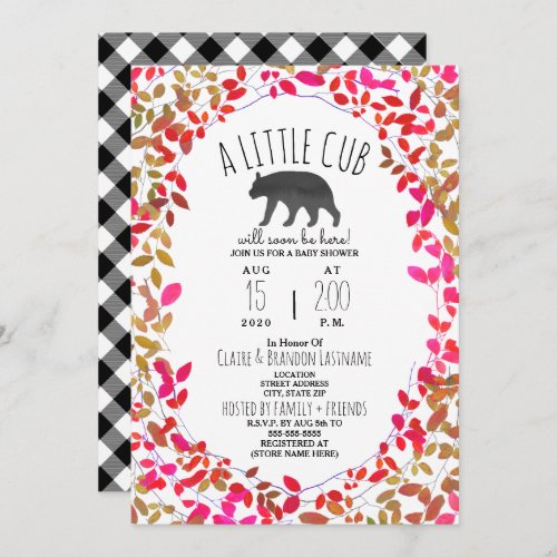 Little Cub Girly Greenery Plaid Baby Shower Invitation