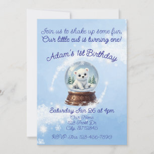 Little Cub One, Polar Bear Snow Globe Birthday Invitation