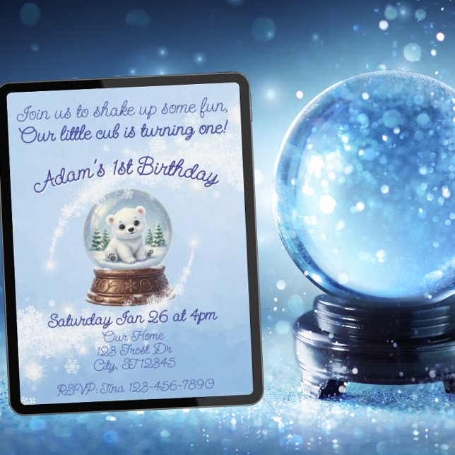 Little Cub One, Polar Bear Snow Globe Birthday Invitation (Creator Uploaded)