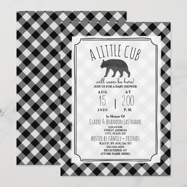 Little Cub Plaid Black + White Baby Shower Invitation (Front/Back)