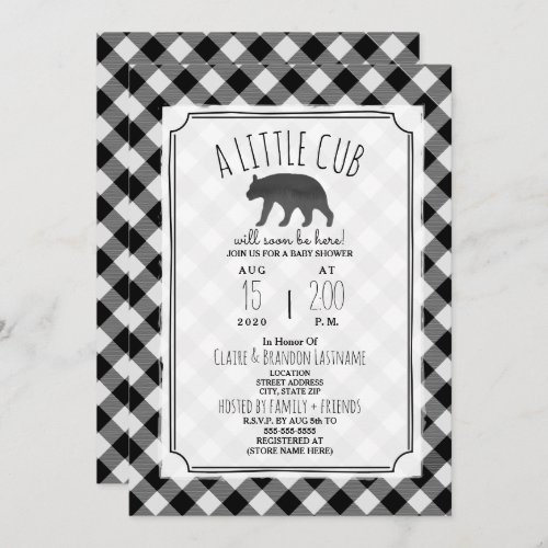 Little Cub Plaid Black  White Baby Shower Invitation