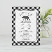 Little Cub Plaid Black + White Baby Shower Invitation (Standing Front)