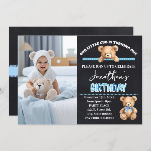 Little Cub Turning One Blue Teddy Bear Birthday Invitation