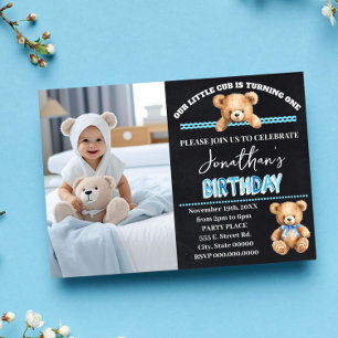 Little Cub Turning One Blue Teddy Bear Birthday Invitation