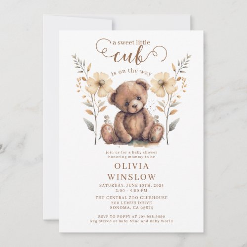 Little Cub Watercolor Teddy Bear Baby Shower Invitation