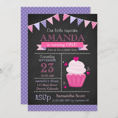 Little Cupcake Chalkboard Pink Birthday Party Invitation