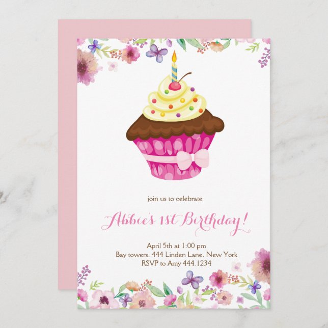 Little Cupcake First Birthday Invitation (Front/Back)