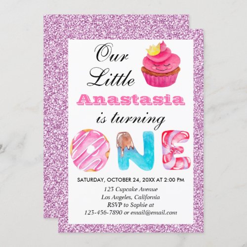 Little Cupcake Pink Lilac Glitter 1st Birthday One Invitation