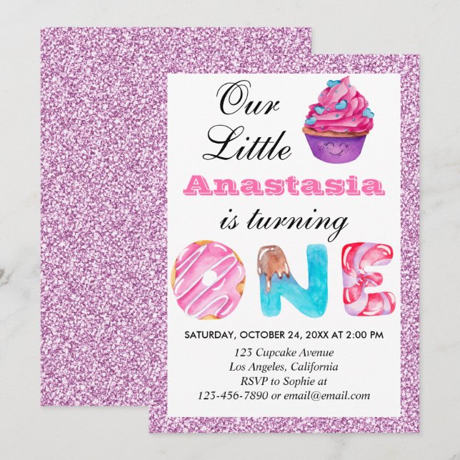 Little Cupcake Pink Lilac Glitter 1st Birthday One Invitation (Front/Back)