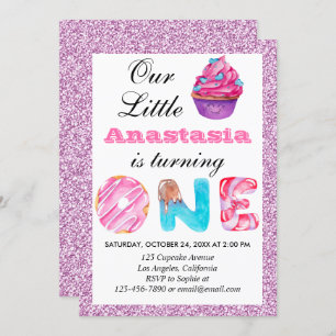 Little Cupcake Pink Lilac Glitter 1st Birthday One Invitation